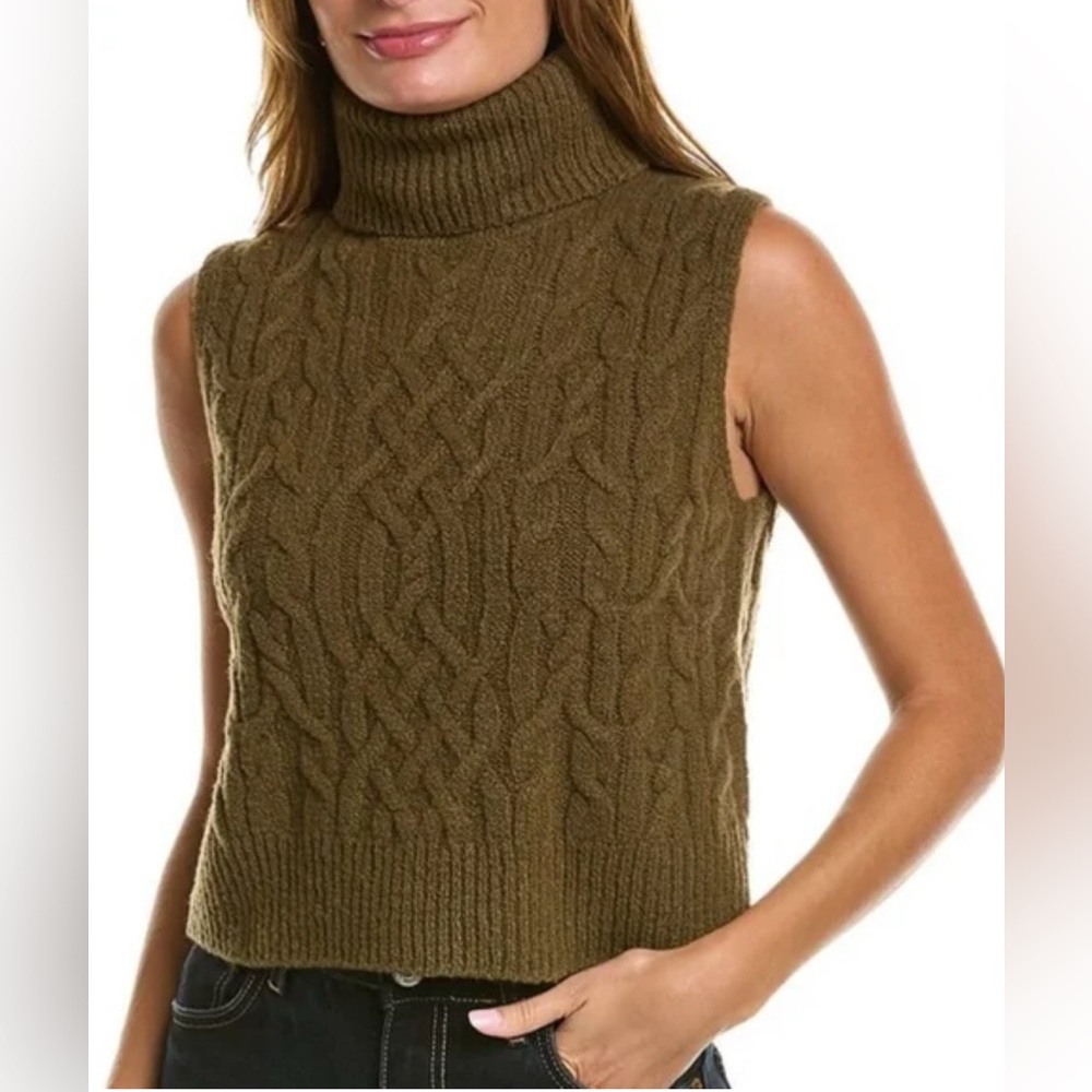 Vince Olive Cable Knit Turtleneck Sleeveless Sweater size Large